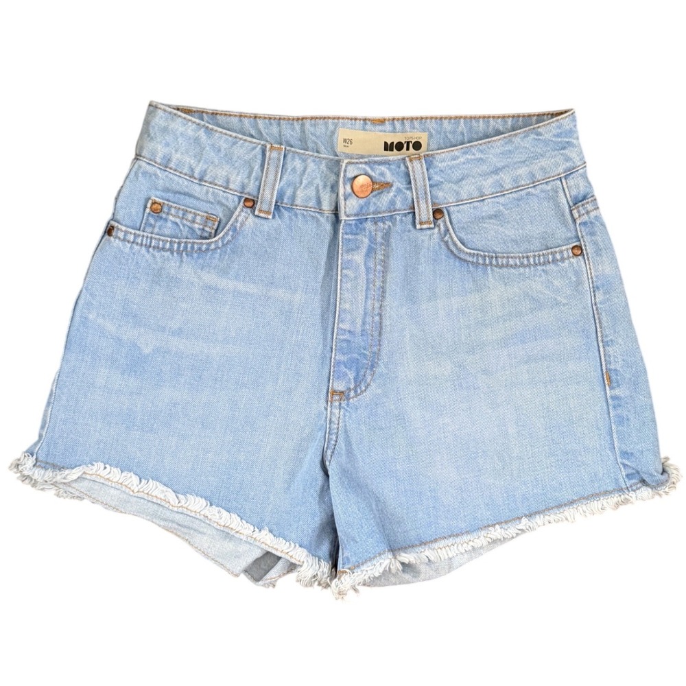 Topshop Moto Denim Shorts Women US 4 W26 Light Blue High Waisted Raw‎ Hem Cutoff